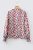 Floral Print Frilled Striped Trim Button Down Smocked Cuffs Long Sleeve Shirt