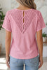 Pink Lace Splicing Button Cutout V Neck Waffle Knit Blouse