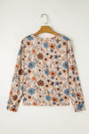 Khaki Floral Print Loose Crew Neck Long Sleeve T Shirt