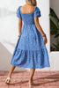 Blue Ditsy Floral Print Smocked Square Neck Ruffle Short Sleeve Dress