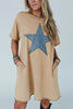 Pale Khaki Mineral Wash Stud Beaded Star Graphic Pocketed T Shirt Dress