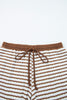 Khaki Stripe Plus Size Collared V Neck Loose Pullover Drawstring Elastic Waist Wide Leg Pant Set