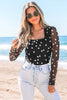 Black Heart Shape Mesh Patchwork Square Neck Bodysuit