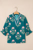 Sky Blue Casual Wild Flower Print V Neck 3/4 Sleeve Blouse