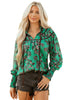 Green Leaves Print Contrast Trim V Neck Shirred Puff Sleeve Blouse