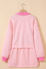 Pink Stripe Collared V Neck Drop Shoulder Pullover and Skort 2pcs Outfit