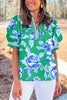 Bright Green Rose Floral Print Puff Short Sleeve Summer Blouse