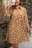 Khaki Plus Size Daisy Floral Print Button Split Neck Puff Sleeve Dress