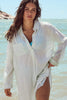 White Stripe Collared V Neck Chest Pocket Long Sleeve Beach Cover up