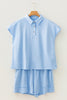 Mist Blue Solid Color Polo Tee Elastic Waist Shorts Plus Size Outfit