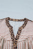 Pink Stripe Leopard Trim V Neck Button Down Half Sleeve Shirt