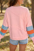 Pink Colorblock Striped Patchwork Long Sleeve Round Neck Blouse