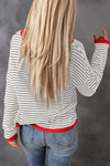 Fiery Red Contrast Trimmed Striped Drop Shoulder Sweater