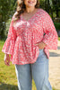 Red Plus Size Floral V Neck Flared Bracelet Sleeve Blouse