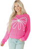 Sachet Pink Sweet Bow Decor Hollow Out Knitted Drop Shoulder Sweater