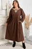 Coffee Embroidered Notched Neckline Textured Pleated High Waist Plus Size Midi Dress