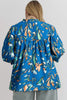 Blue Floral Notched V Neck Half Sleeve Plus Size Blouse