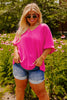 Bright Pink Seamed Back High Low Hem V Neck Cuffed Sleeve Plus Size Tee