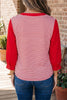 Red Stripe Half Placket V Neck Contrast 3/4 Sleeve Patchwork Top