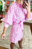 Pink Abstract Leopard Print Tie Waist Puff Sleeve Mini Shirt Dress