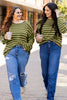 Khaki Stripe Drop Shoulder Casual Sweater