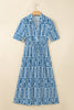 Blue Geometric Print Short Sleeve Drawstring Shirt Collar Dress