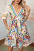 Multicolour Boho Floral Print Crochet Patchwork V Neck Loose Mini Dress
