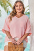 Pink Textured Half Sleeve V Neck Plus Size T Shirt with Chest Pocket