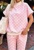Pink Polka Dot Print Mock Neck Short Sleeve Top Shift Pant Set