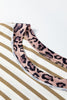 Khaki Stripe Leopard Patchwork Round Neck Loose T Shirt