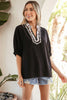 Black Dolman Half Sleeve Leopard Patchwork Trim V Neck Blouse