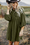 Vineyard Green Corduroy Snap Buttons Empire Waist Bracelet Sleeve Dress