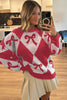 Red Bow Print 2-tone Rhombus Knit Loose Sweater