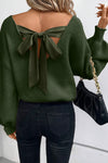 Coffee Lantern Sleeve V Neck Knot Back Sweater