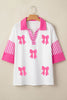 White Sequin Bow Pattern Striped Color Block Collar Half Sleeve Shift Top