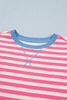 Pink Stripe Contrast Patchwork Short Sleeve Loose Tee