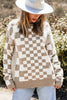 Khaki Checkered Print Drop Shoulder Round Neck Sweater