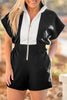 Black Contrast Collar Patchwork Zip Front Romper