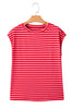 Red Stripe Ribbed Cap Sleeve Round Neck T Shirt
