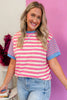 Pink Stripe Contrast Patchwork Short Sleeve Loose Tee