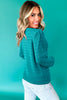 Sea Green Trendy Pattern Knit Ribbed Cuffs Crew Neck Sweater