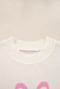 Pink Bow Print Ribbed Trim Exposed Seam Drop Shoulder Loose Sweater