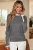 Racing Red Lace Trim Patchwork Buttoned Cuffs Loose Sweater