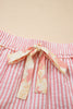 Light Pink Floral Trim Ribbon Knot Striped Casual Shorts