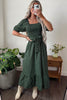 Green Plaid Square Neck Shirred High Waist Ruffle Hem Dress