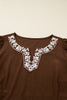 Coffee Embroidered Notched Neckline Textured Pleated High Waist Plus Size Midi Dress