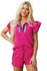 Strawberry Pink Striped Detail Flutter Sleeve Zipped Collar Short Set