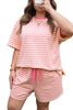 Green Stripe Boxy Tee Drawstring Elastic Waist Plus Size Short Set