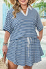 Blue Stripe Short Sleeve Collared V Neck Top Plus Size Skort Set