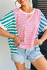 Pink Stripe Mixed Pattern Patchwork Uneven Hem Loose Tee